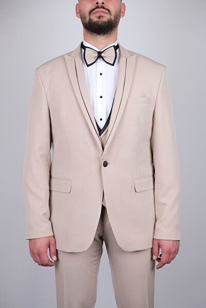 SERKAN SEVİNÇ Slim Fit Erkek Çizgi Yaka Yelekli  Likralı Kumaş Smokin