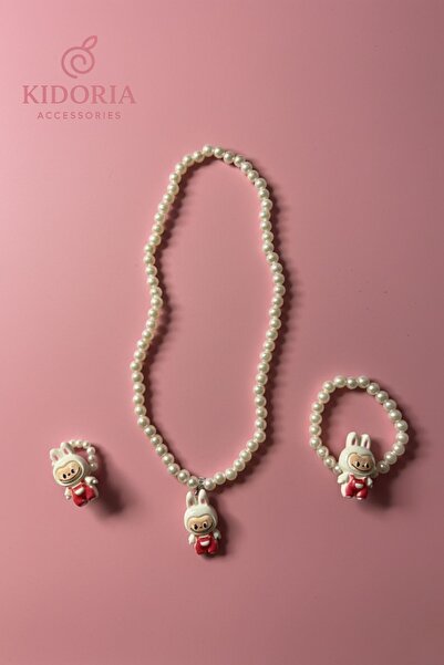 Kidoria Sevimli Karakter Figürlü 3'lü Çocuk Takı Seti - İncili Kolye, Bileklik ve Yüzük
