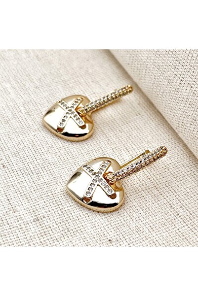 Siya Silver Kararmaz Çelik Zirkon Taşlı X Detaylı Kalp Küpe - Hediye Kutulu