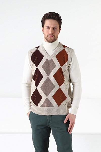 Ferraro سترة رجالية من صوف الخروف بنسبة 100% بتصميم بيج بقلاوة وياقة على شكل حرف V