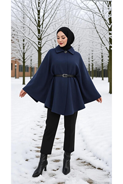 Gülsüm Aydın Kadın Kaşe Panço - Tiftiklenmeyen Deri Kemerli Oversize Uzun Kaban