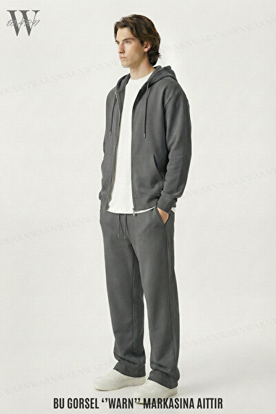 warn Smoke Gray Baggy Tracksuit Set Hooded Cardigan Unisex Winter 3 Thread 100% Cotton