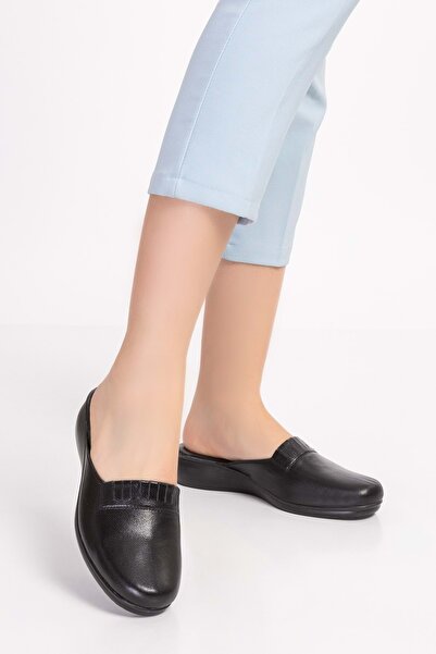 Gondol Kadın İçi Dışı Hakiki Deri Şık Ev Terliği Özl.960 Siyah Cilt