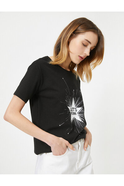 Koton Βαμβακερό κοντομάνικο μπλουζάκι με λαιμόκοψη