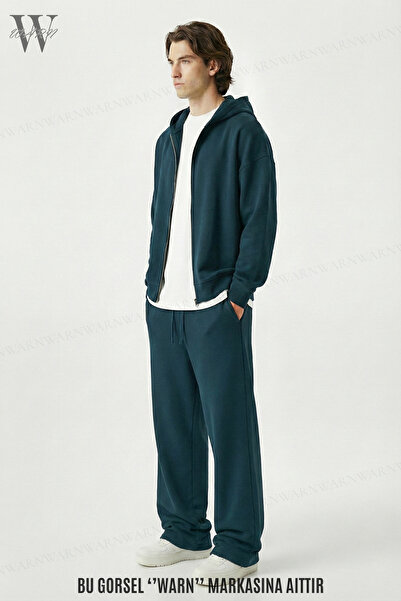 warn Petrol Blue Baggy Tracksuit Set Hooded Cardigan Unisex Winter 3 Thread 100% Cotton