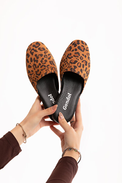 Gondol Kadın İçi Dışı Hakiki Deri Şık Ev Terliği Özl.960 Taba Leopar