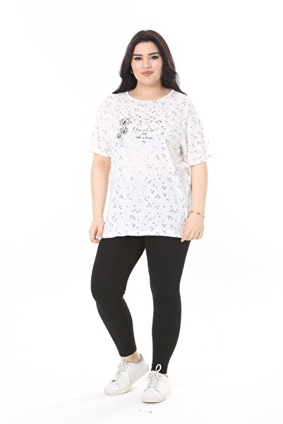 Şans Plus Size Women's Blouse - Bone Collar, Short Sleeve, Crew Neck 65N38007