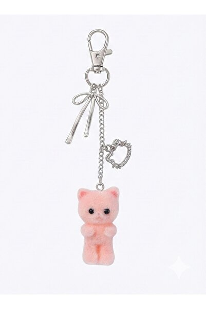 coquette butik Y2K Gümüş Renk Fiyonk ve Taşlı Kedi Figürlü Pembe Tüylü Charm Anahtarlık