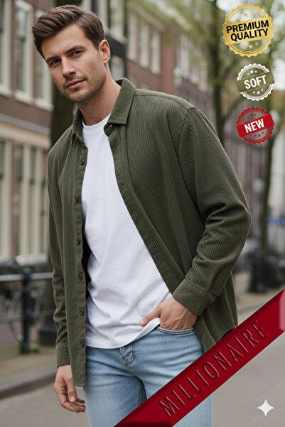 Teenage Millionaire Men's Khaki Green Velvet Corded Fabric Soft Textured Loose Fit Oversized Drop Shoulder Shirt