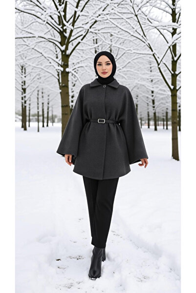 Gülsüm Aydın Kadın Kaşe Panço - Tiftiklenmeyen Deri Kemerli Oversize Uzun Kaban