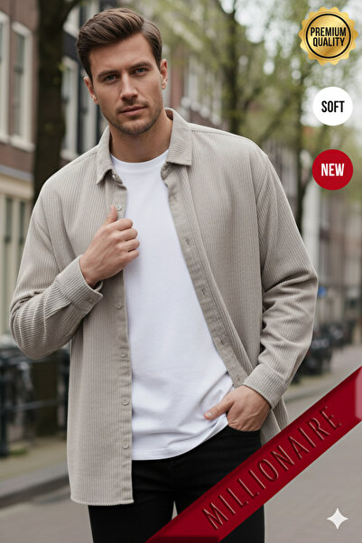 Teenage Millionaire Men's Stone Velvet Corded Fabric Soft Textured Loose Fit Oversized Drop Shoulder Shirt Sand Beige