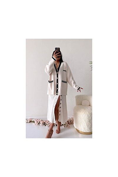 winter club Cardigan de tricotaj supradimensionat cu panglică cu nasturi bej ...