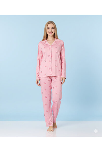 Sude Kadın Pijama Takımı Pamuklu Mevsimlik Düğmeli Uzun Kol
