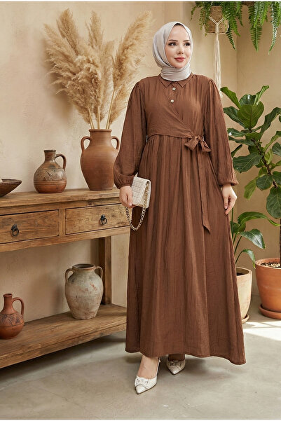 modamira Kadın Kahverengi Çilek Kumaş Önü Düğmeli Kapamalı Gömlek Yaka Boydan...