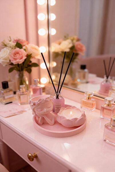 Fitruka Japon Kiraz Kokulu Dekoratif Set – Yuvarlak Tepsili, Lotus Mumlu ve Oda Kokulu Şık Tasarım