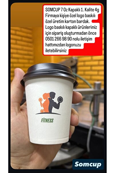 somcup 7 Oz Kapaklı (100 Adet) Logo Baskılı Karton Bardak 100 adet bardak + 100 adet kapak