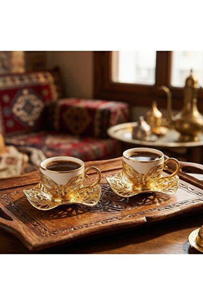 AcarHediyelik İki kişilik Türk kahvesi takımı , 2 altın kaplama porselen finc...