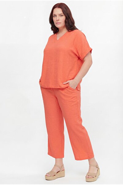 Ebsumu Women's Plus Size Woven Cotton Capri Coral Two-Piece Suit