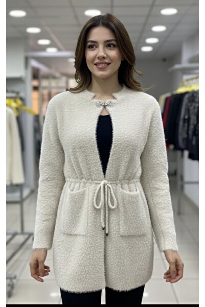 Aylin Güncüoğlu Stone Color Long Sleeve Plush Jacket with Brooch Closure on t...