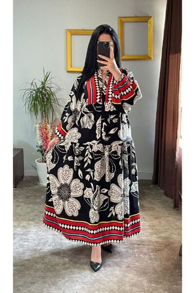 PREMİER VİE فستان فيسكوز منقوش بالزهور مع خط عنق حجاب