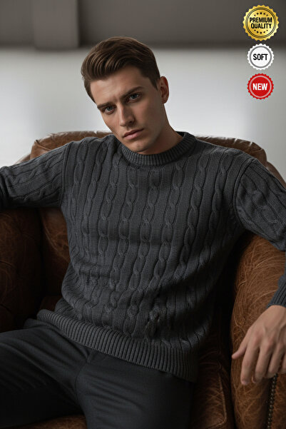 Millionaire Men's Anthracite Hair Knit Crew Neck Regular Knitwear Wool Blend Thick Acrylic Sweater