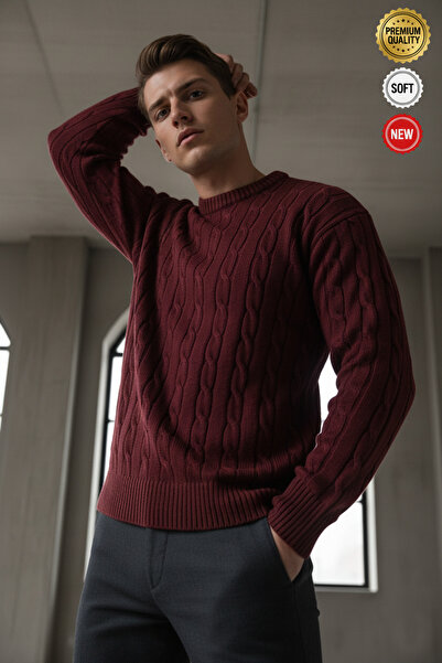Millionaire Men's Burgundy Hair Knit Crew Neck Regular Knitwear Wool Blend Thick Acrylic Sweater