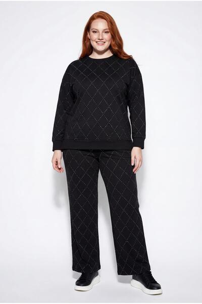 Ebsumu Women's Plus Size Baklava Pattern Stone Print Black Tracksuit Set