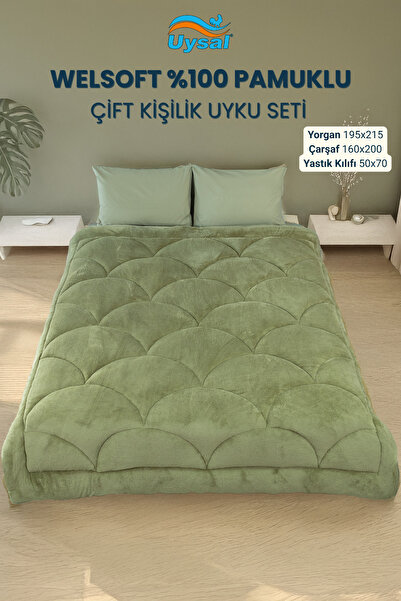 UYSAL WELSOFT AKFİL MİDYE DESEN ÇİFT KİŞİLİK UYKU SETİ YEŞİL195x215