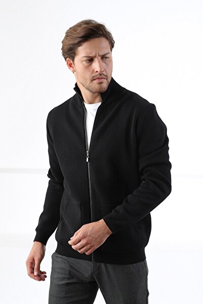 Ferraro Siyah Çift Cep %100 Pamuk Erkek Triko Hırka