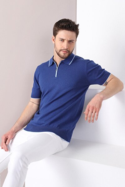 Ferraro Ανδρικό πλεκτό μπλουζάκι Indigo με φερμουάρ στο γιακά και ρίγες P Βαμ...