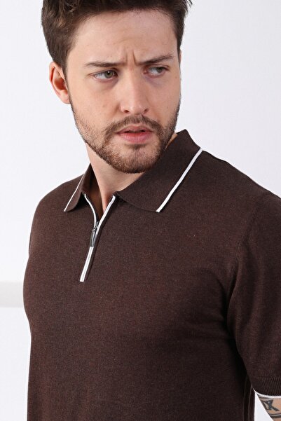 Ferraro Tricotaj din bumbac pentru bărbați cu dungi maro cu fermoar tricou