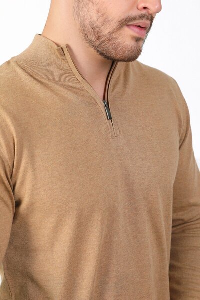 Ferraro Ανδρικό πουλόβερ από βαμβακερό μονόχρωμο Camel ψηλός λαιμός