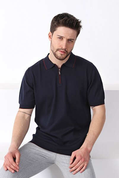 Ferraro Navy Blue Collar Stripe Zippered Men's Cotton Knitwear T-Shirt