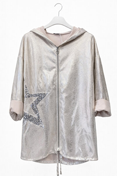 günay boutıque Yıldız Payet Detaylı Deri Görünümlü Nubuk Kapüşonlu Oversize Ceket-GOLD