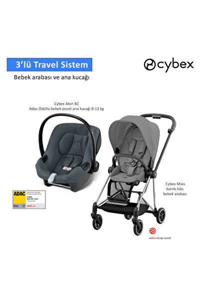 Cybex 3 lü travel sistem Mios Chrome Black Mirage Grey + Aton B2 isize + Mios Adaptör