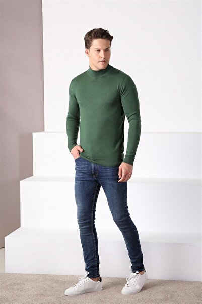 Ferraro سترة قطنية للرجال بياقة نصفية خضراء اللون