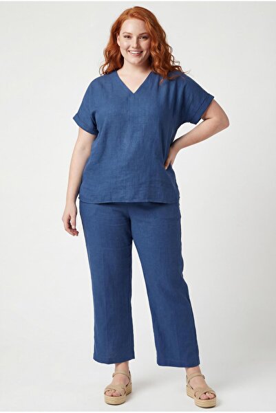 Ebsumu Women's Plus Size Woven Cotton Capri Navy Blue Two-Piece Suit