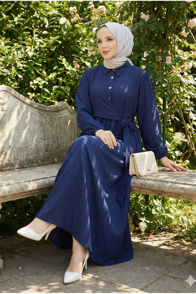 modamira Kadın Lacivert Çilek Kumaş Önü Düğmeli Kapamalı Gömlek Yaka Boydan T...