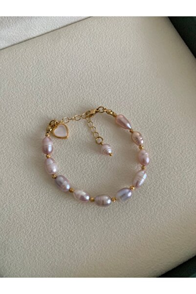 JOVİ ATELİER Doğal Pembe Lila İnci Bileklik Kalp Charm