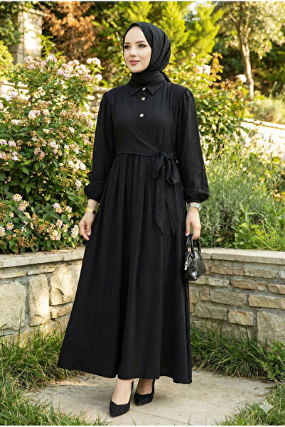 modamira Kadın Siyah Çilek Kumaş Önü Düğmeli Kapamalı Gömlek Yaka Boydan Tese...