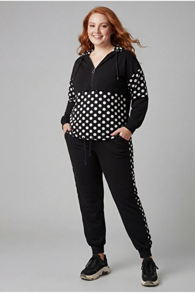 Ebsumu طقم بدلة رياضية سوداء منقوشة بمقاسات كبيرة للسيدات