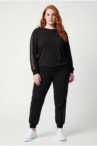 Ebsumu Women's Plus Size See-Through Sleeves Crew Neck Black Tracksuit Set