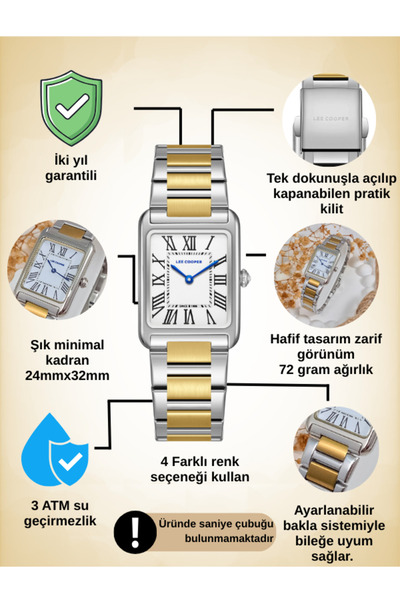 Lee Cooper Lc08083 Dikdörtgen Kasa 3 Atm Su Geçirmez Roma Rakamlı Kadran 4 Renk Klasik Kadın Saati
