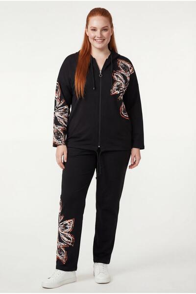 Ebsumu Women's Plus Size Printed Zippered Black Tracksuit Set