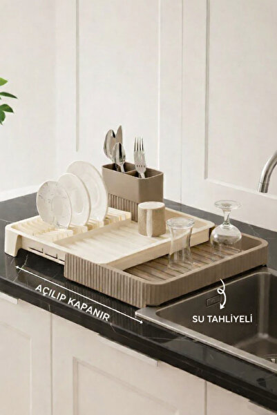 Fevito Krem Uzayabilir Sürgülü Bulaşık Sepeti, Lavabo/Tezgah Üstü Açılır Kapanır Bulaşıklık Kurutma Sepeti