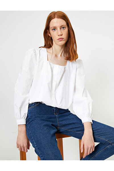 Koton Γυναικεία μπλούζα με λευκό κουμπί με λεπτομέρειες
