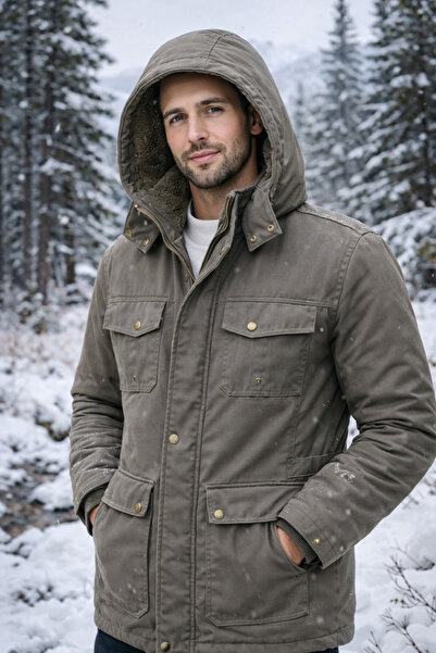 DYNAMO معطف سميك مبطن بالفرو بغطاء للرأس باللون البيج الداكن ومغطى بطبقة مقاومة للماء