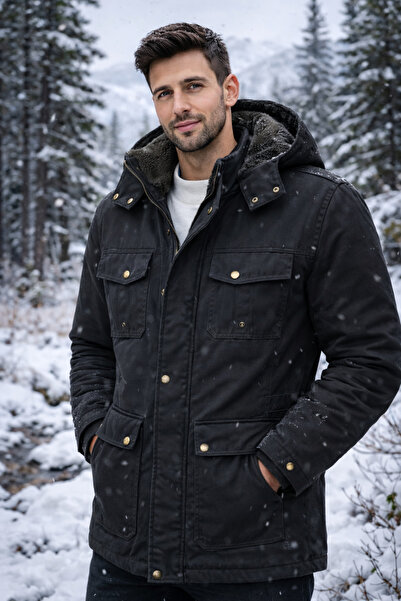 DYNAMO Erkek Siyah Kapüşonlu Kürk Astarlı Su Geçirmez Kaplamalı Kalın Kaban