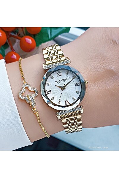 Tom Jones Orjinal 2 Yıl Garantili Kadın Kol Saati Kesme Cam Gold Renk Çelik Kordon+Bileklik Hediyeli