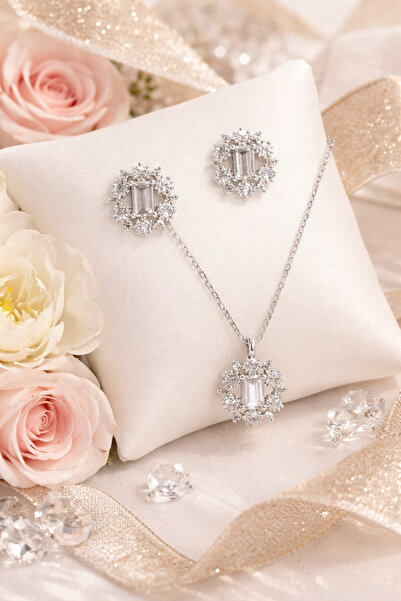 Siset Gümüş 925 Ayar Rodyum Kaplama Baget Taşlı İkili Gümüş Set